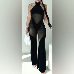 Elegant Black Velvet and Sheer Jumpsuit